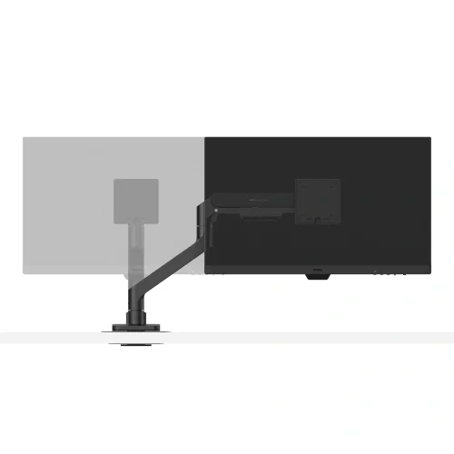 Widok z boku przedstawiający monitor w dwóch pozycjach na ramieniu BenQ BSH01, blisko i dalej od podstawy uchwytu.
