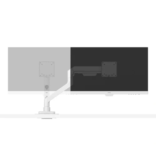 Regulacja poziomego położenia monitora na białym ramieniu BenQ BSH02. Uchwyt pozwala przesunąć ekran w lewo lub w prawo nad biurkiem.