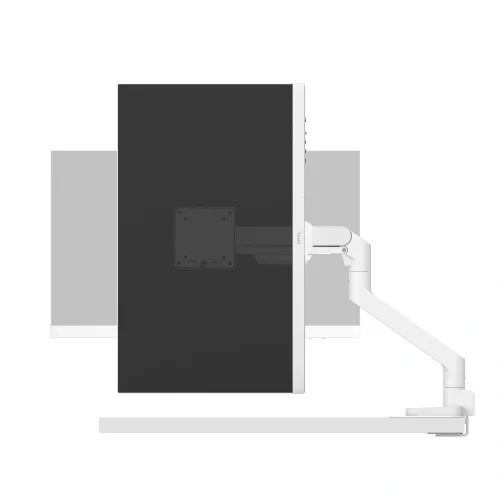 Obrót monitora na uchwycie BenQ BSH02 o ±180°. Białe ramię pozwala zmieniać orientację ekranu z poziomej na pionową.