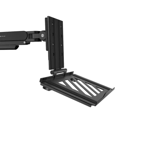 BenQ LTB01 zamontowana na pojedynczym ramieniu monitora. Tacka pozwala przenieść laptop z blatu na regulowane ramię VESA.