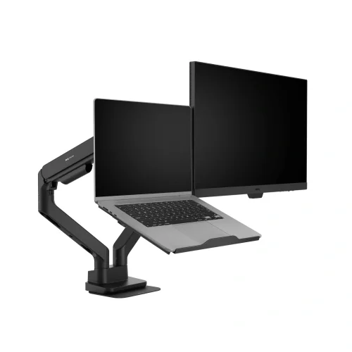 BenQ LTB01 z laptopem obok monitora na podwójnym ramieniu. Przykładowa konfiguracja stanowiska do pracy na dwóch ekranach.