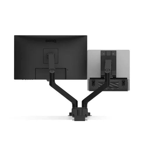 Tacka BenQ LTB01 i monitor zamontowane na podwójnym ramieniu, widok od tyłu. Grafika pokazuje połączenie tacki z jednym z ramion.