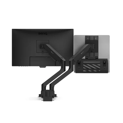 BenQ LTB01 w konfiguracji z monitorem na podwójnym ramieniu, widok od tyłu pod kątem. Widoczne są niezależne mocowania obu urządzeń.