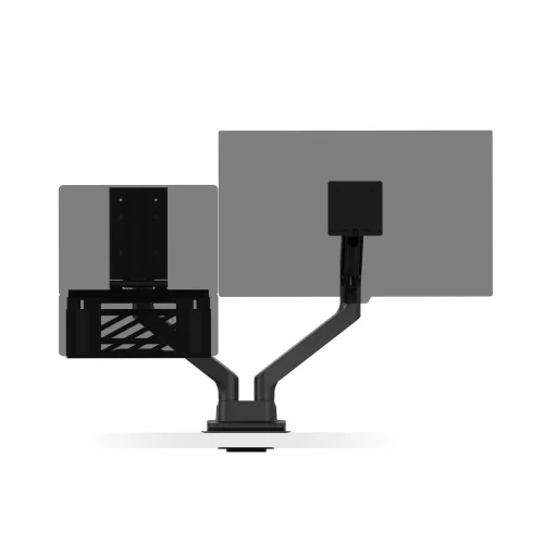BenQ LTB01 z półprzezroczystym obrysem laptopa na podwójnym ramieniu. Grafika pokazuje miejsce podparcia notebooka i układ tacki.