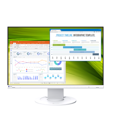 EIZO FlexScan EV2360 – czarny monitor z przodu, z arkuszem kalkulacyjnym i harmonogramem na ekranie.