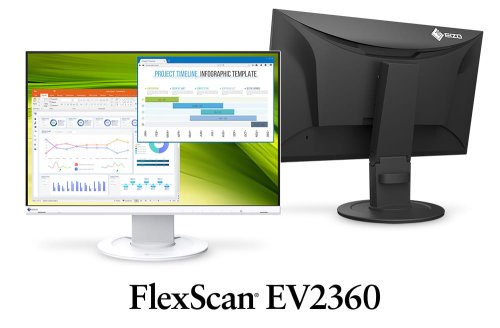 EIZO FlexScan EV2360 – zestawienie białego frontu i czarnego tyłu monitora.