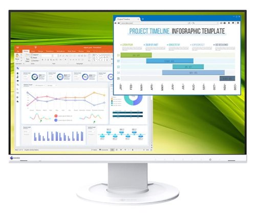 EIZO FlexScan EV2360 – biały monitor z przodu, z arkuszem kalkulacyjnym i harmonogramem projektu na ekranie.