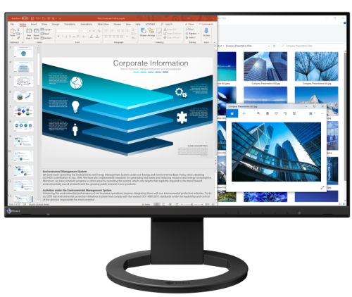 EIZO FlexScan EV2480 – czarny monitor z przodu ze stronami internetowymi i niebieską grafiką na ekranie.