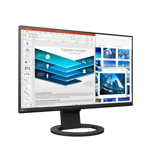 EIZO FlexScan EV2480 – czarny monitor z przodu pod kątem ze stronami internetowymi.