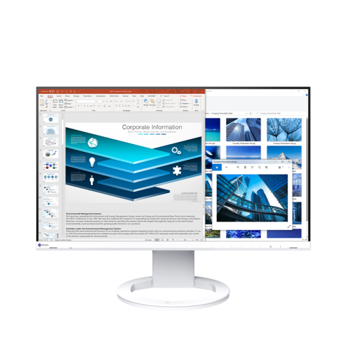 EIZO FlexScan EV2480 – biały monitor z przodu na wprost ze stronami internetowymi.