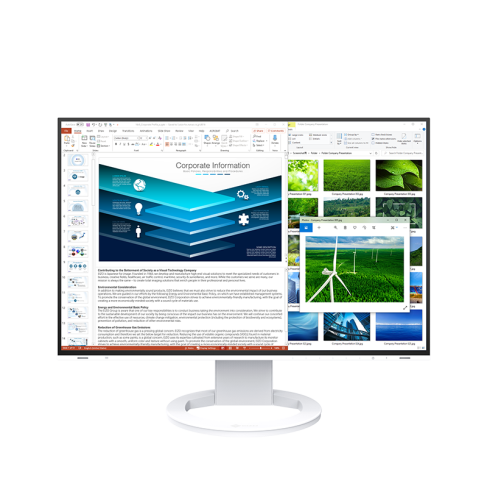 EIZO FlexScan EV2485 – biały monitor z przodu na wprost ze stronami internetowymi.