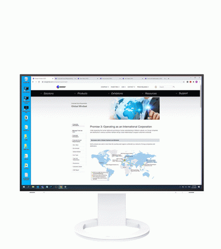 EIZO FlexScan EV2485 – biały monitor z otwartymi oknami ustawień systemu na ekranie.
