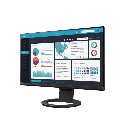 EIZO FlexScan EV2490 – czarny monitor z przodu pod kątem z raportami i wykresami.