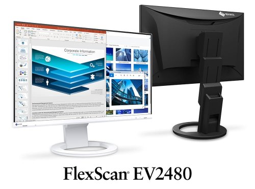 EIZO FlexScan EV2480 – zestawienie białego frontu i czarnego tyłu monitora.