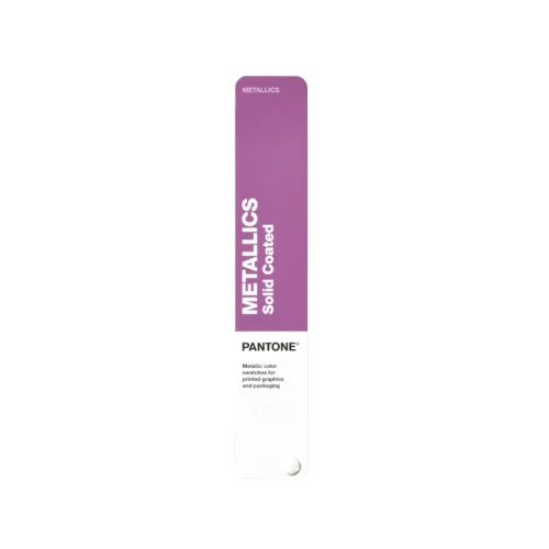 Zamknięty wzornik Pantone Metallics Coated Guide GG1507C z fioletową okładką, przeznaczony do wyboru 655 kolorów metalicznych.