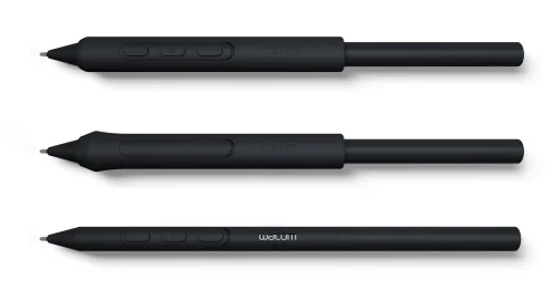 Pióro Wacom Pro Pen 3 do Wacom Cintiq Pro 27 zapewnia pełną kontrolę i wysoki komfort pracy. Zdjęcie pokazuje trzy warianty uchwytu oraz przyciski umożliwiające szybkie dostosowanie narzędzia.