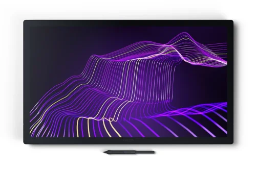 Wacom Cintiq Pro 27 prezentuje duży ekran 4K z dynamiczną grafiką i piórkiem przed urządzeniem. Zdjęcie podkreśla jakość obrazu oraz obszerną powierzchnię roboczą używaną przez twórców.