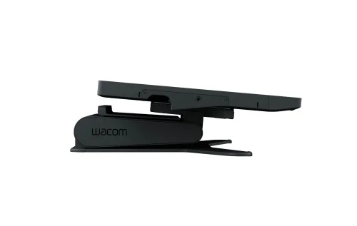 Wacom Cintiq Pro 27 ustawiony na czarnej podstawie zapewnia stabilną pracę i wygodne regulacje kąta. Ujęcie ukazuje smukłą obudowę oraz precyzyjne dopasowanie tabletu do stojaka.