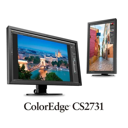 Eizo CS2731 to monitor graficzny z serii ColorEdge oferujący przestrzeń Adobe RGB i szerokie kąty widzenia. Idealny do profesjonalnej edycji zdjęć i projektów. Na zdjęciu pokazano dwa monitory – w orientacji poziomej i pionowej.