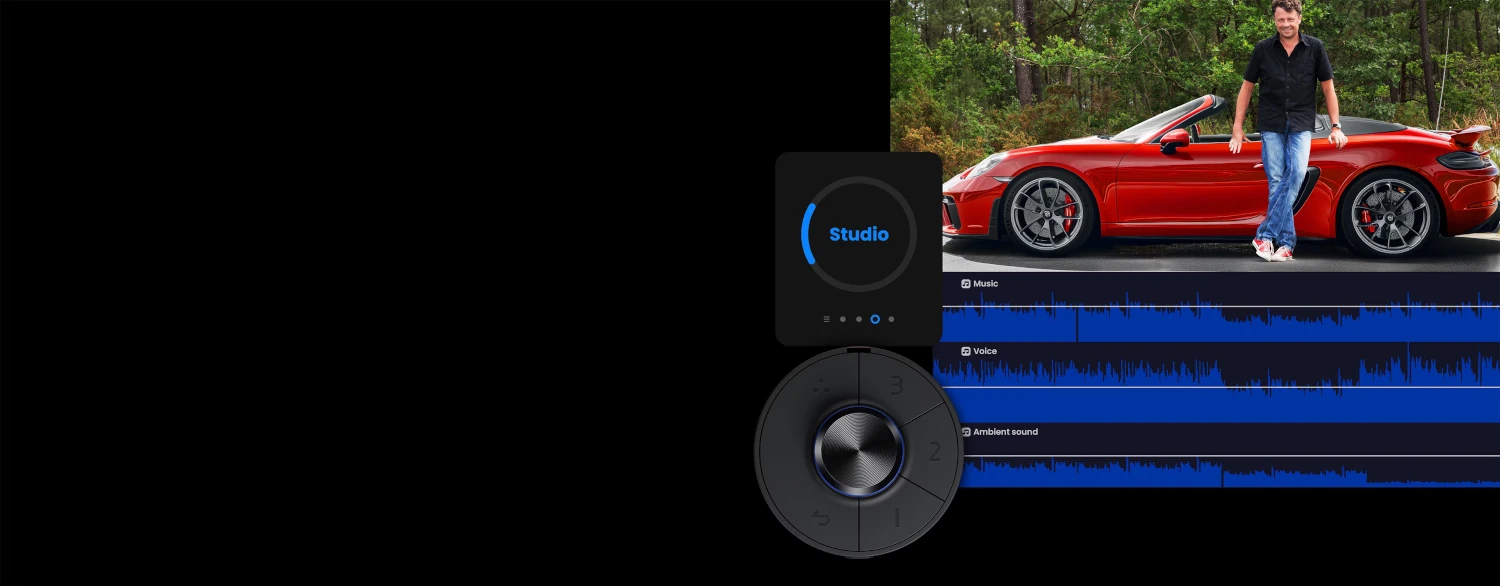 System audio 2.1 i Hotkey Puck G3 podczas montażu filmu na monitorze BenQ PV3200U