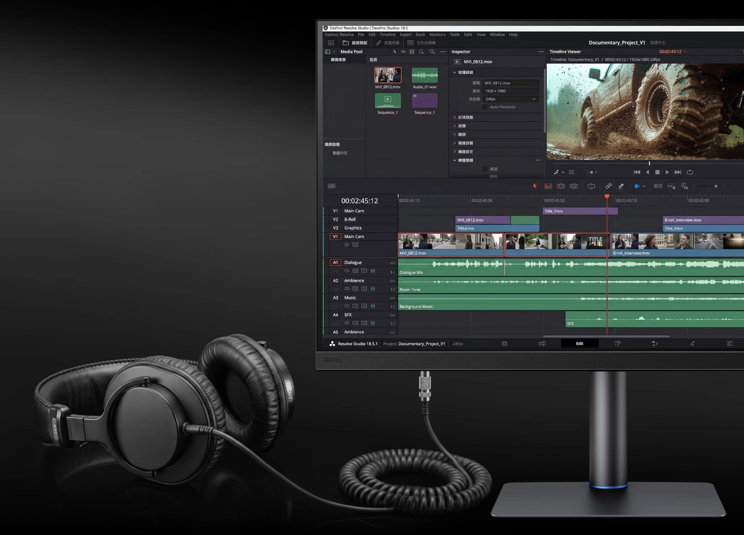 Odsłuch słuchawkowy przy monitorze BenQ PV3250U podczas montażu wideo