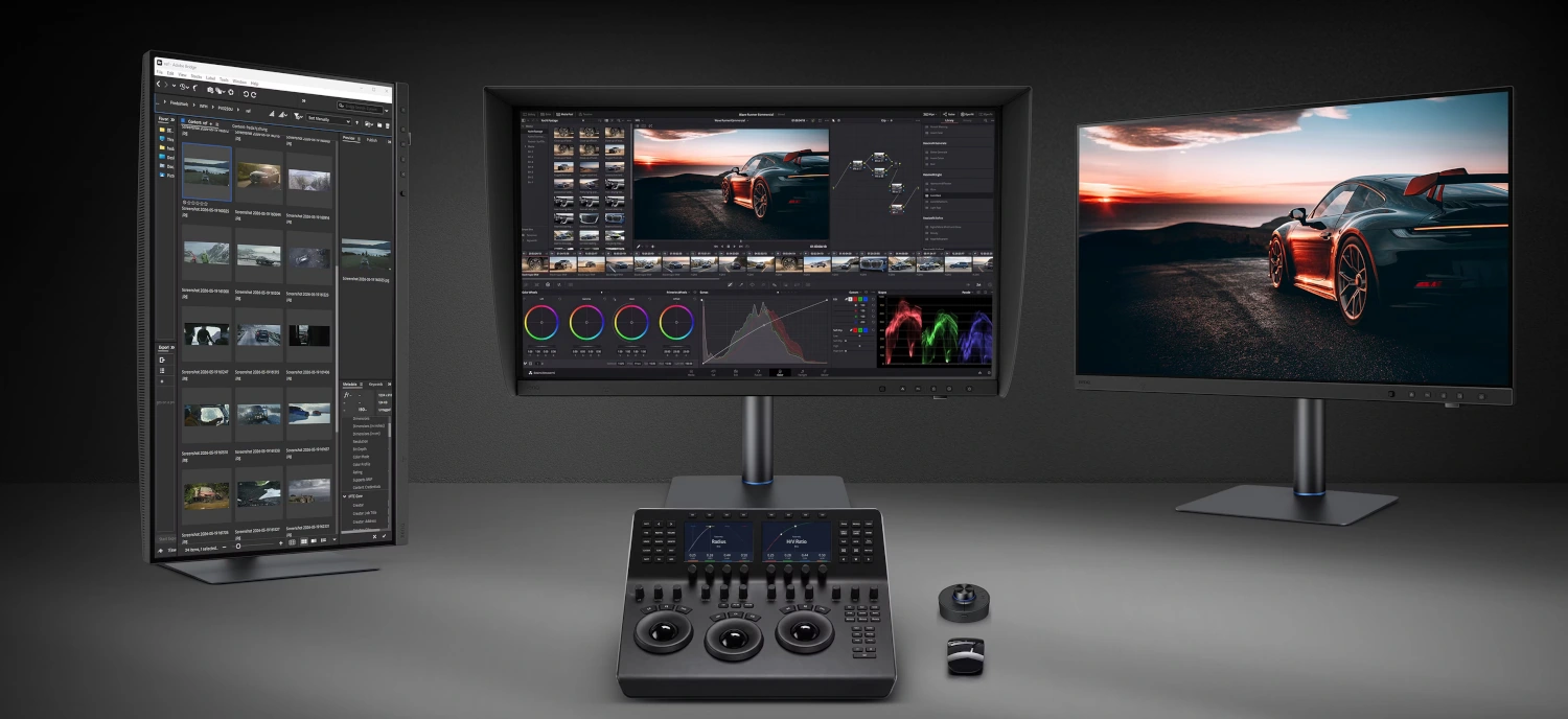 Monitor BenQ PV3250U w stanowisku do montażu wideo, korekcji barwnej i color gradingu