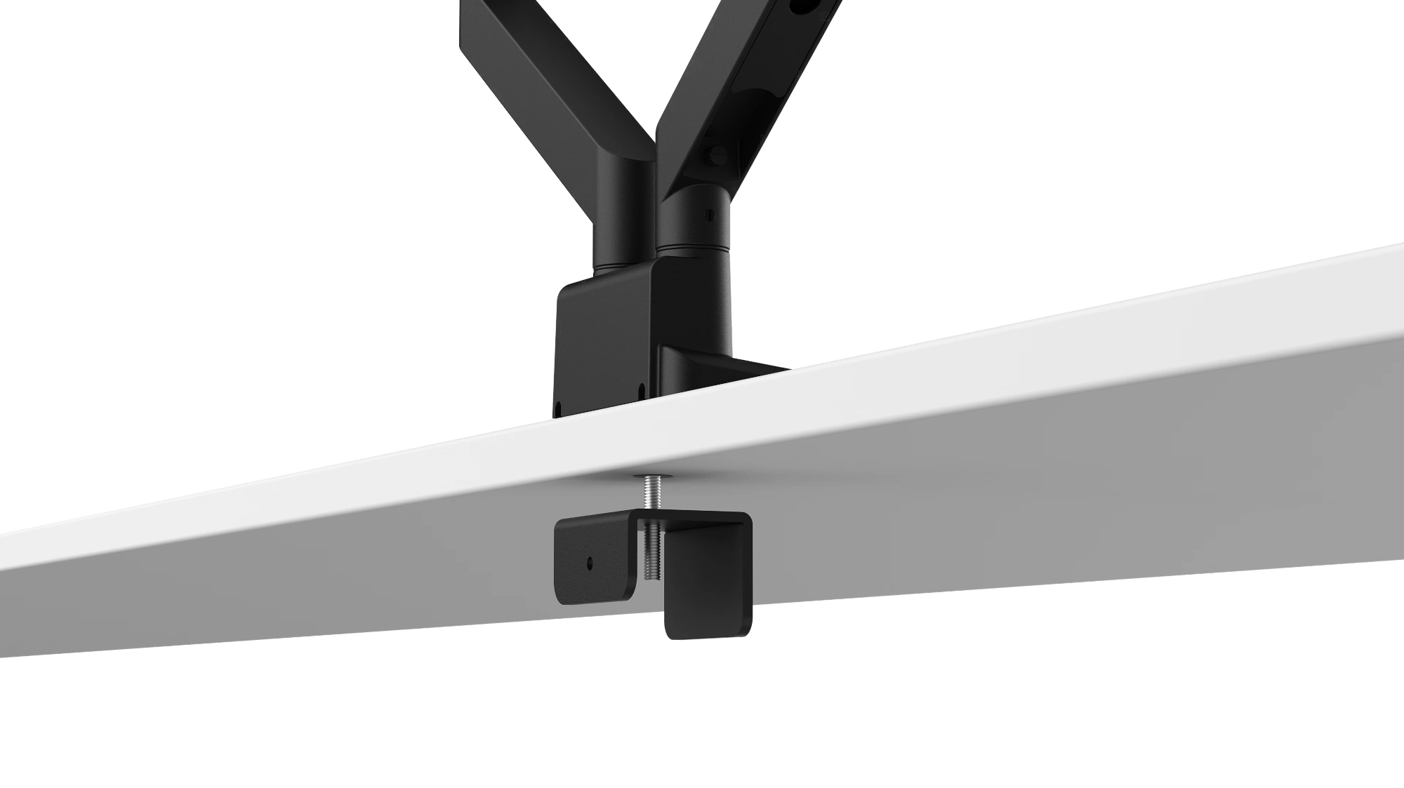 Uchwyt do dwóch monitorów BenQ BDL01 zamontowany przez otwór w blacie