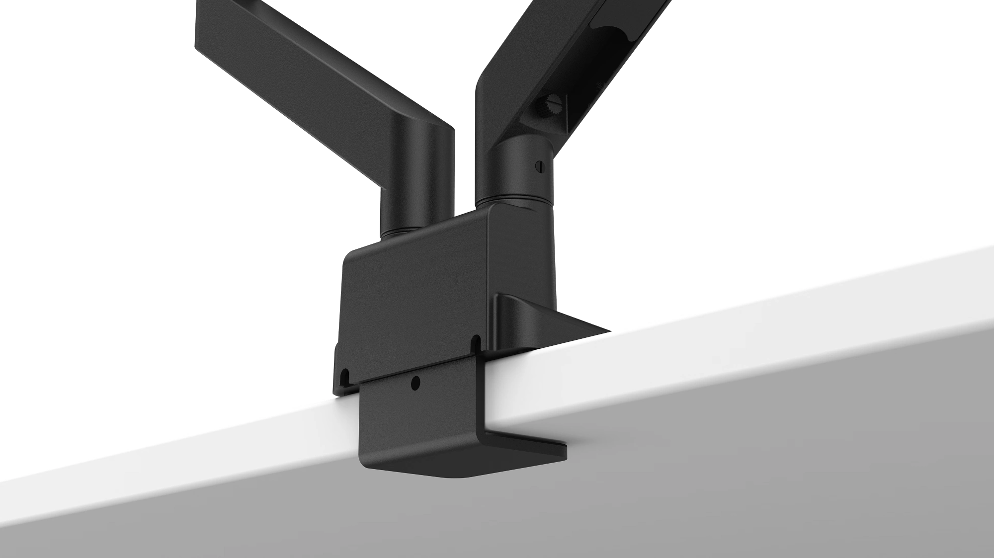 Uchwyt do dwóch monitorów BenQ BDL01 zamontowany przy krawędzi biurka