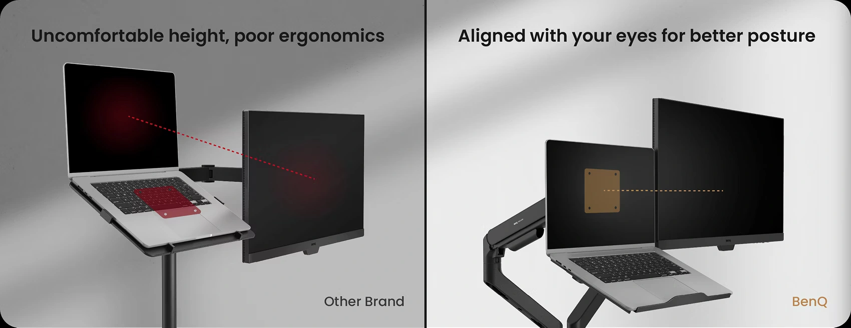 Porównanie ustawienia laptopa nisko na biurku i na tacki BenQ LTB01 obok monitora