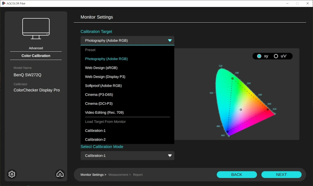 Wybór celu kalibracji monitora BenQ SW272Q w trybie Advanced programu AQCOLOR Pilot