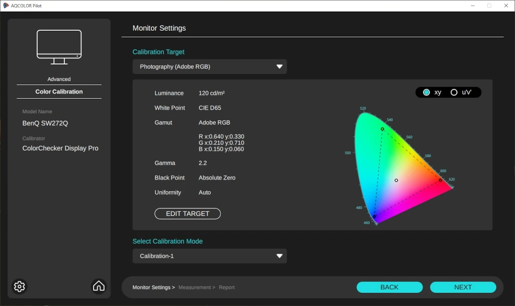 Parametry presetu Photography Adobe RGB w programie AQCOLOR Pilot