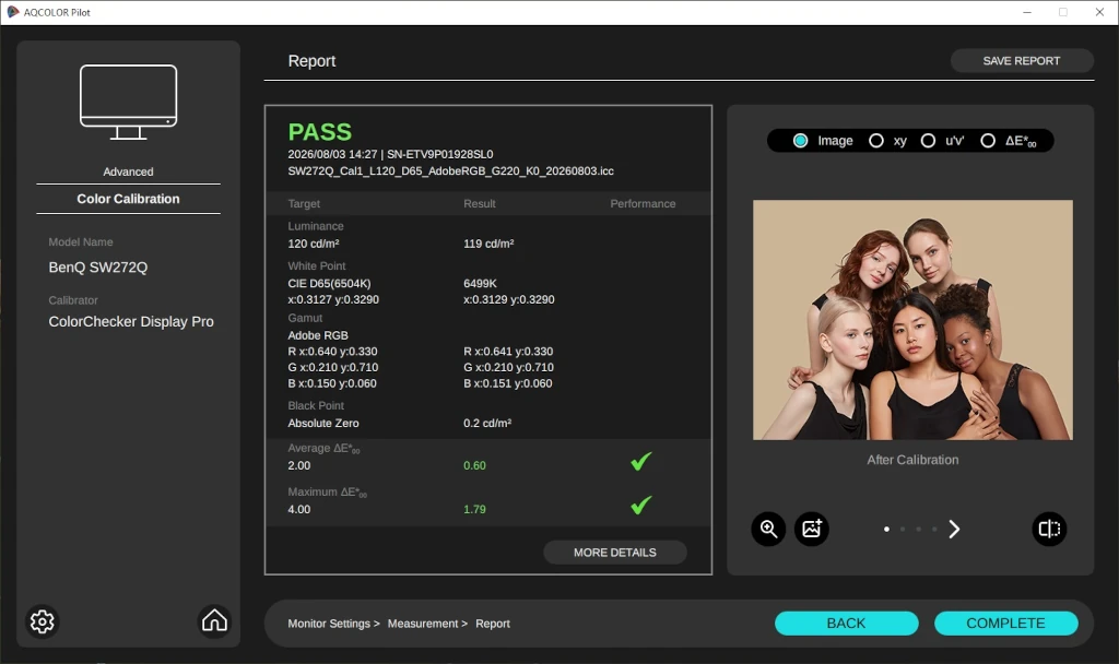 Raport po kalibracji sprzętowej monitora BenQ SW272Q w AQCOLOR Pilot