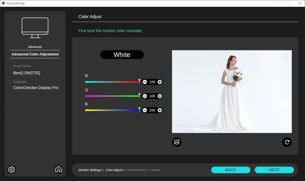 Ręczna regulacja składowych RGB punktu bieli w AQCOLOR Pilot