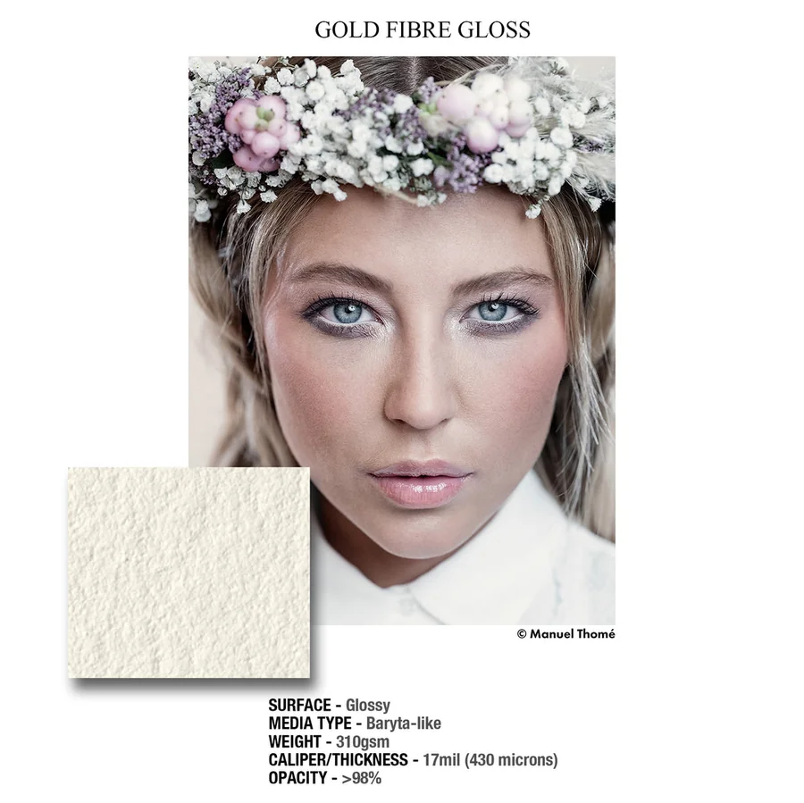 Plansza ILFORD Gold Fibre Gloss: portret kobiety w kwiatowym nakryciu głowy i zbliżenie powierzchni