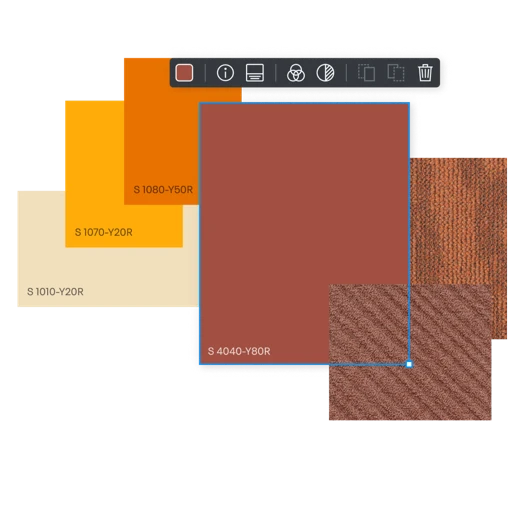 Swobodny moodboard z próbkami kolorów NCS i fakturami materiałów
