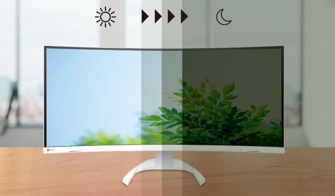 Auto EcoView w monitorze EIZO EV3451X-WT automatycznie dopasowuje jasność do otoczenia.