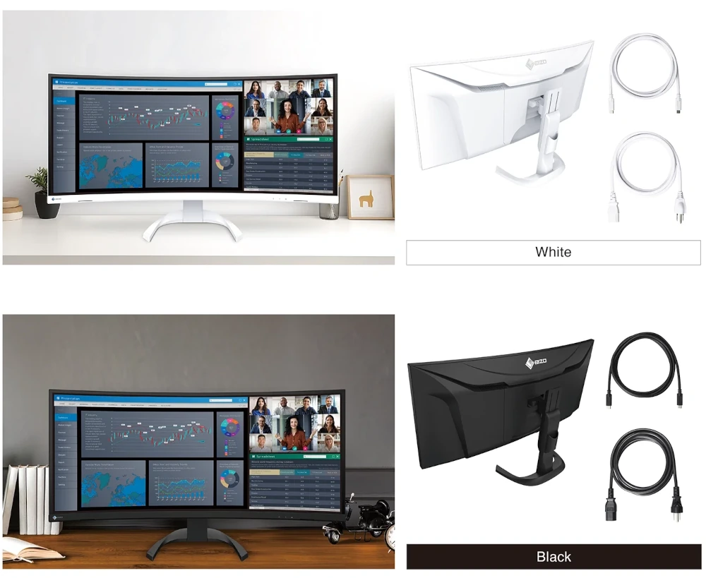EIZO EV3451X-WT i EV3451X-BK. Biała oraz czarna wersja monitora z dopasowanymi przewodami.