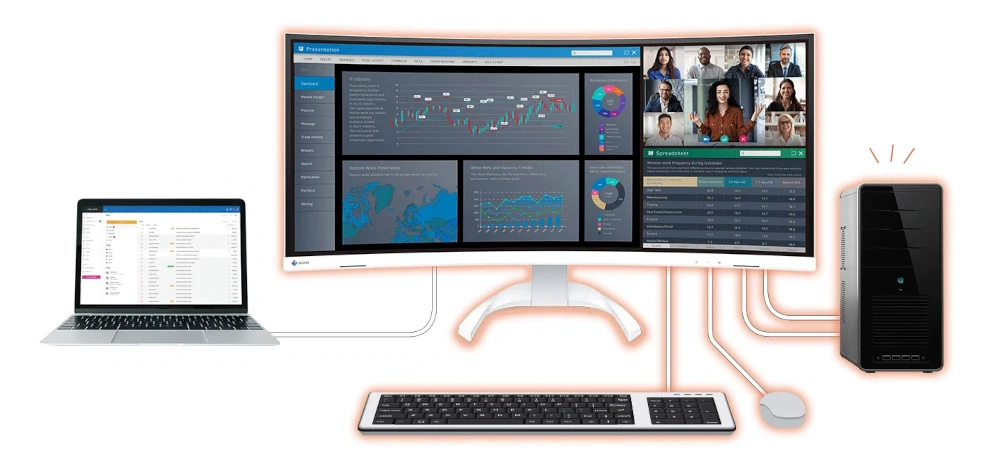 EIZO EV3451X-WT z funkcją KVM do obsługi laptopa i komputera jedną klawiaturą oraz myszą.