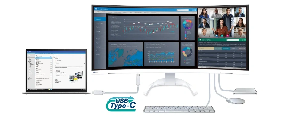 Monitor EIZO FlexScan z USB-C, hubem USB i podłączeniem laptopa jednym przewodem.
