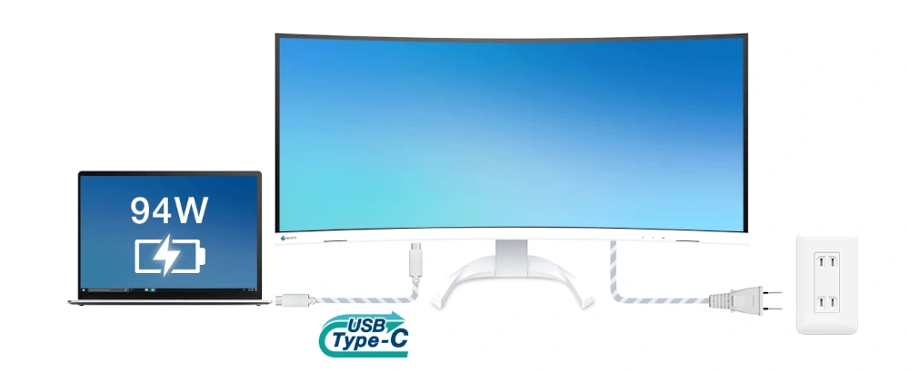 EIZO EV3851X-WT USB-C Power Delivery 94 W do ładowania laptopa.