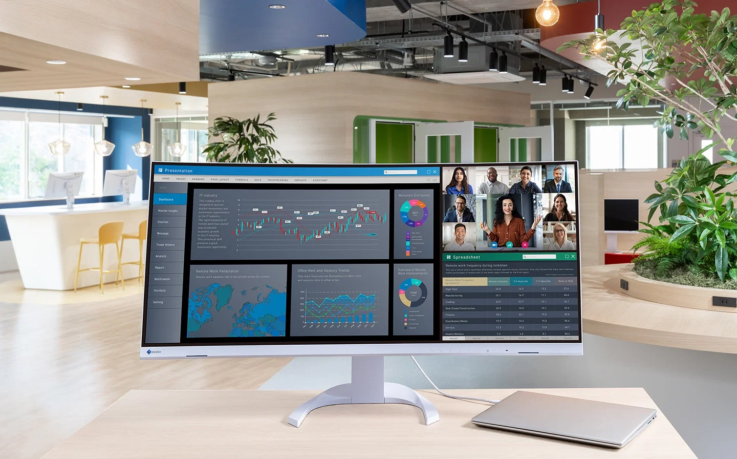 Monitor EIZO FlexScan ultrawide w nowoczesnym biurze.