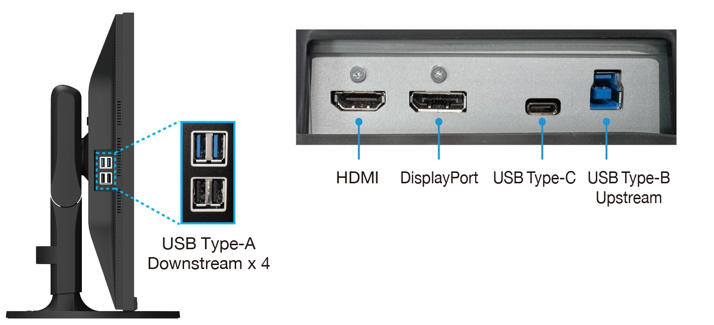 Złącza HDMI DisplayPort USB-C USB-B i USB Type-A w monitorze EIZO CS3200X