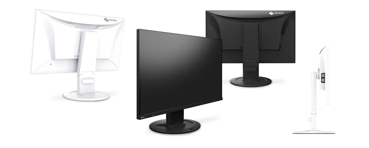 Biały i czarny monitor EIZO FlexScan EV2400R pokazany w kilku ujęciach.