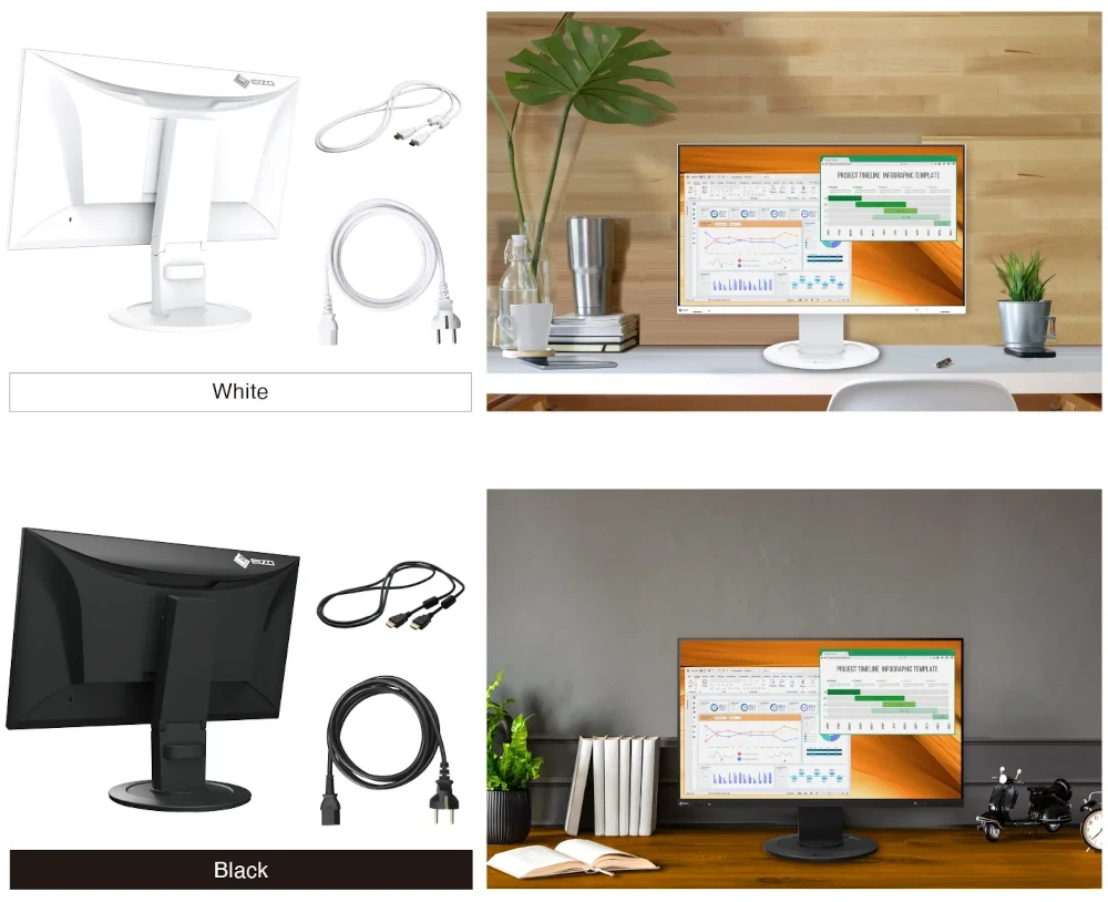 Biała i czarna wersja monitora EIZO EV2400R z przewodami dopasowanymi do koloru obudowy.