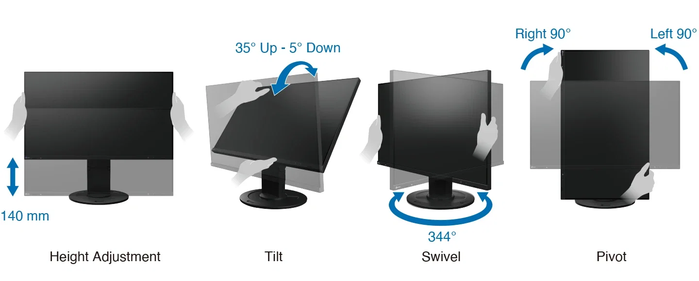 Regulacja wysokości, pochylenia, obrotu i pivot w monitorze EIZO FlexScan EV2400R.