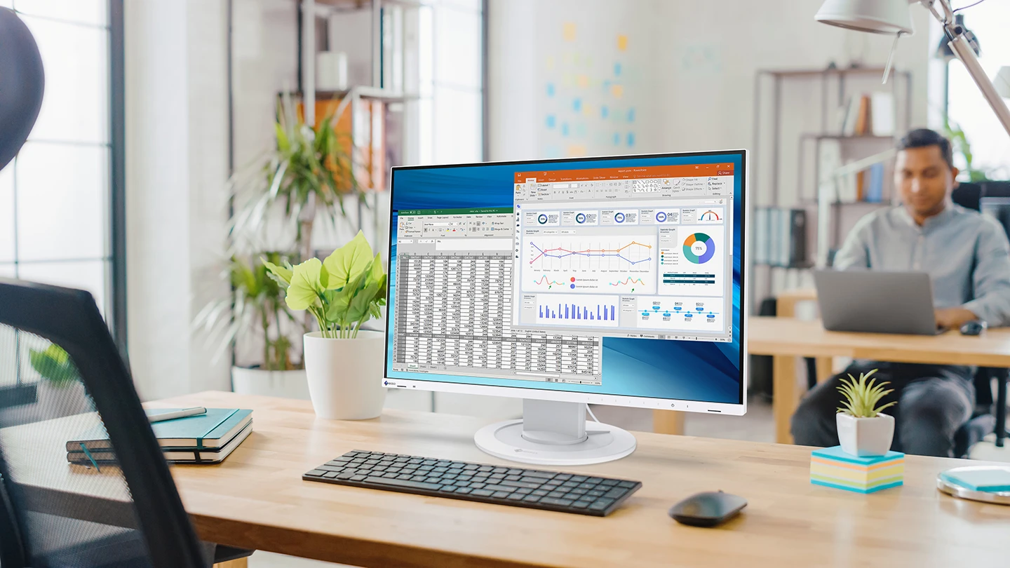 Biały wariant EV2410R prezentujący konstrukcję rodziny monitorów EIZO 24,1 cala.