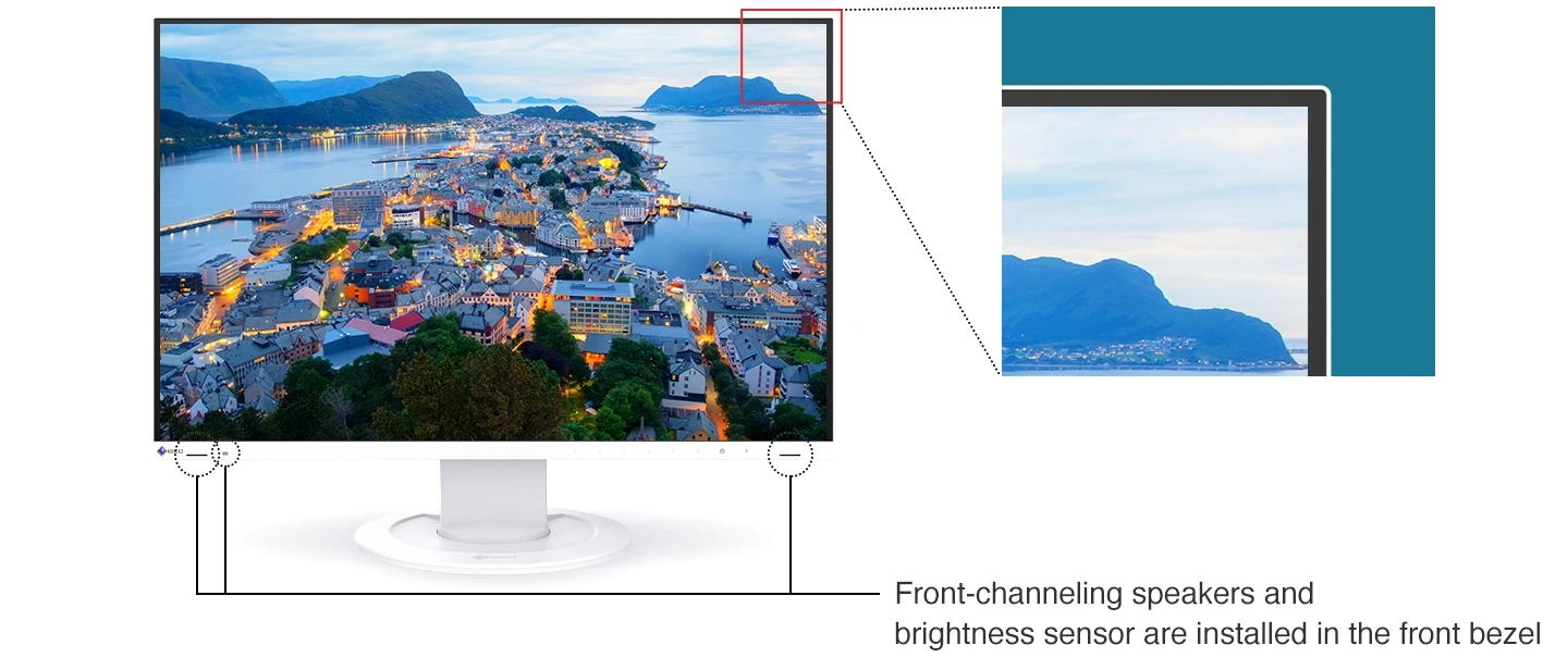 Monitor EIZO EV2410R z cienkimi ramkami i przednimi przyciskami sterowania.