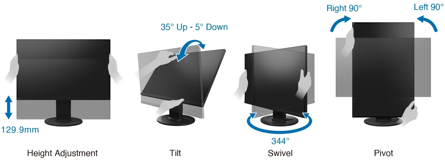 EIZO EV2410R z regulacją wysokości 129,9 mm, pochyleniem, obrotem i pivotem.