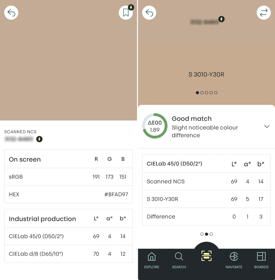 Informacje o barwie w aplikacji NCS+ dzięki czytnikowi kolorów NCS Coloupin II