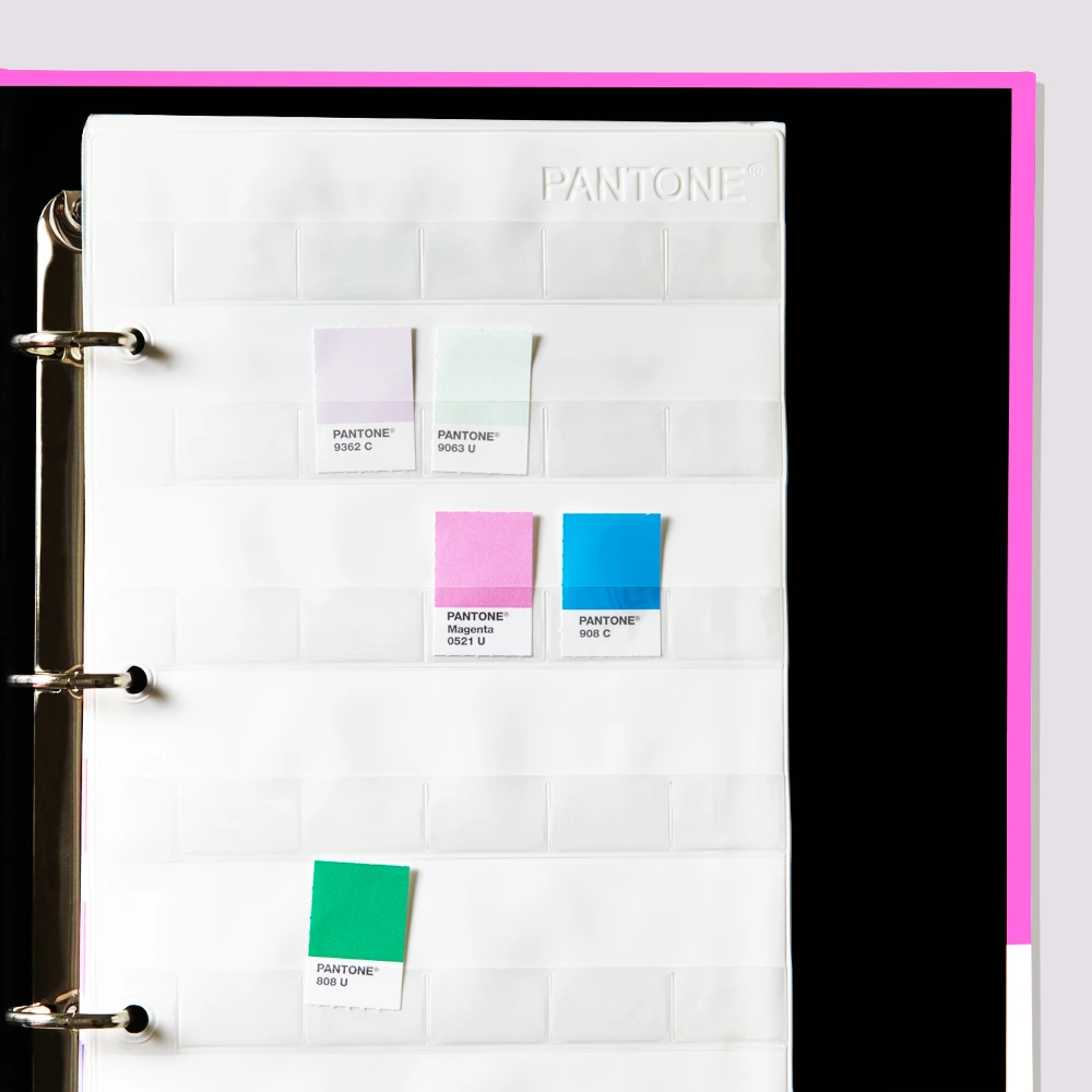 Odrywane chipy Pantone Pastels and Neons umieszczone na stronie do porównywania fizycznych próbek kolorów